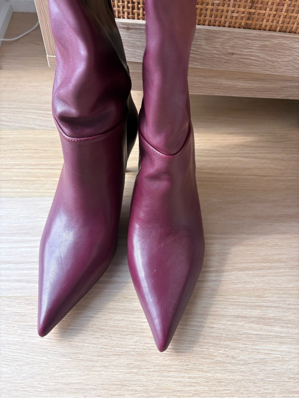 Burgundy Leather Knee-High Boots - Women's Pointed Toe Kitten Heel - Picture 4 of 5